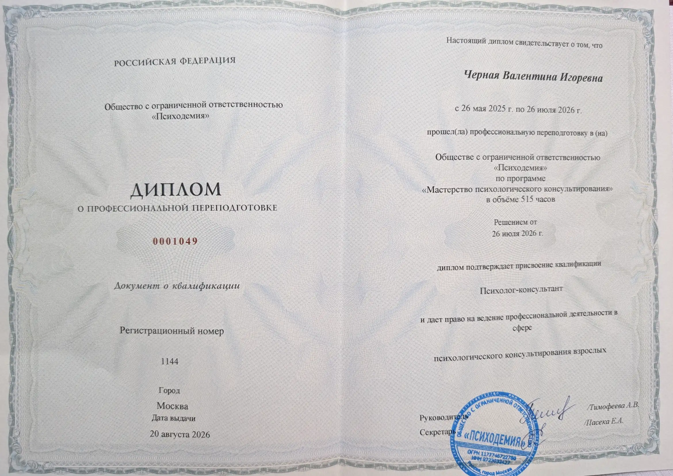 Диплом о профессиональной переподготовке, Психодемия, 2026